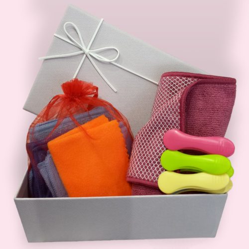 VIXI box szett gyermek takarítószett, bíbor dörzsi kendő és díszdoboz