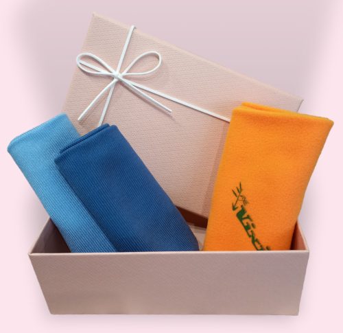 VIXI box szett világoskék és sötétkék üvegkendő, portörlő díszdobozban