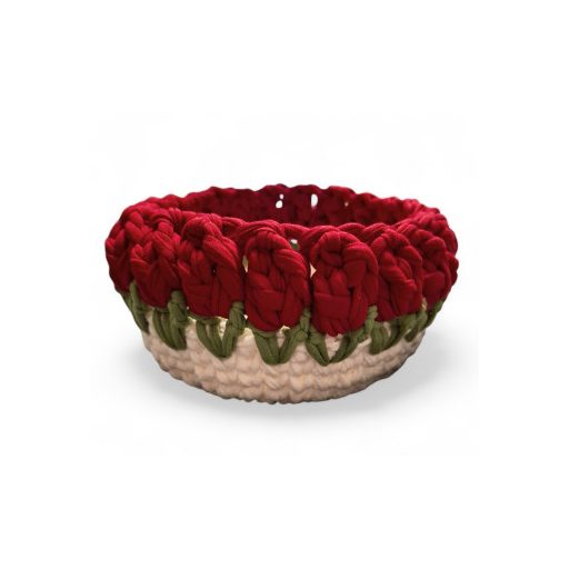 Horgolt tulipános tárolókosár - piros